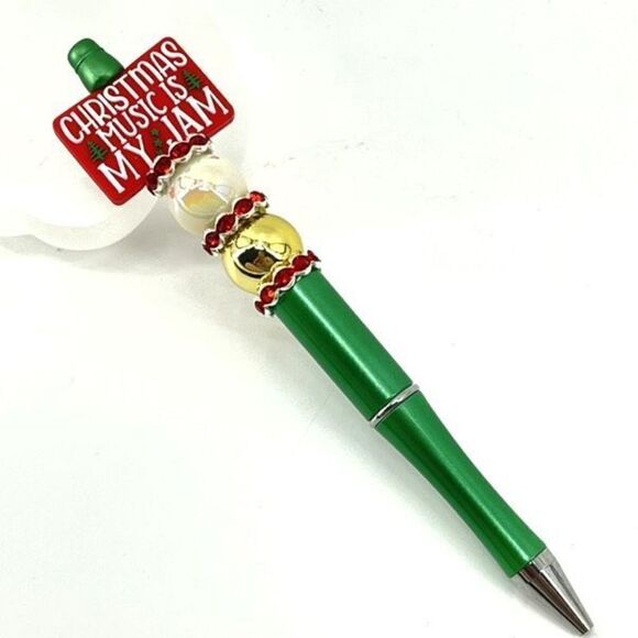 Christmas music is my jam handmade pen NEW beads rhinestone bling red white gree - Picture 2 of 5